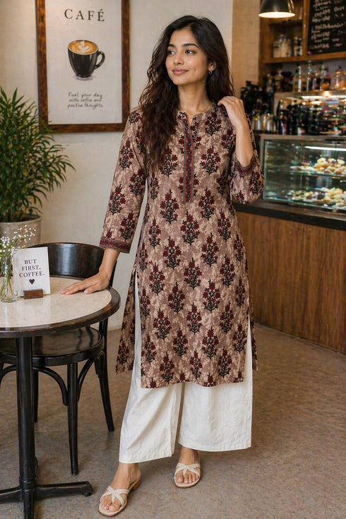 Brown & Red Pure Cotton Floral Printed Kurti