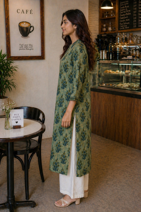 Green Pure Cotton Floral Printed Kurti