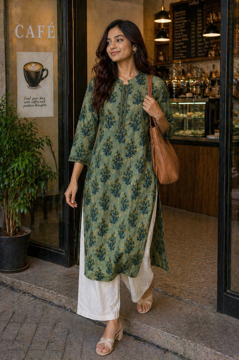 Green Pure Cotton Floral Printed Kurti
