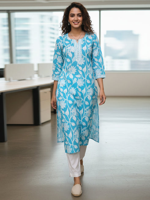 Turquoise Pure Cotton Floral Printed Kurti