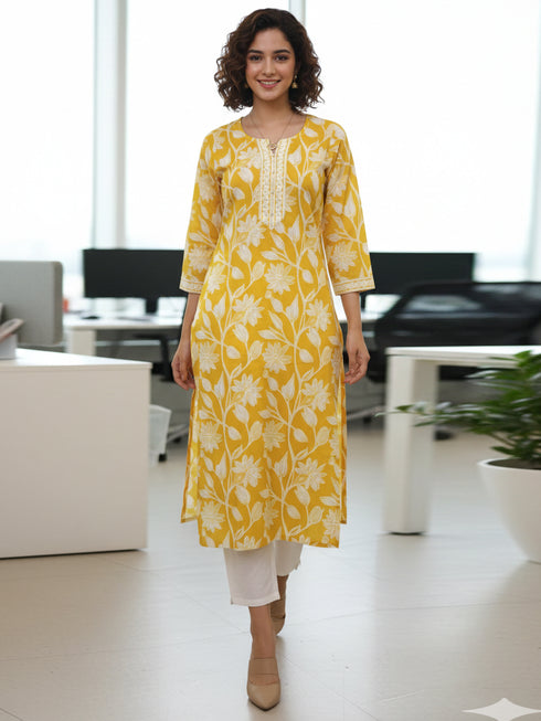 Yellow Pure Cotton Floral Printed Kurti
