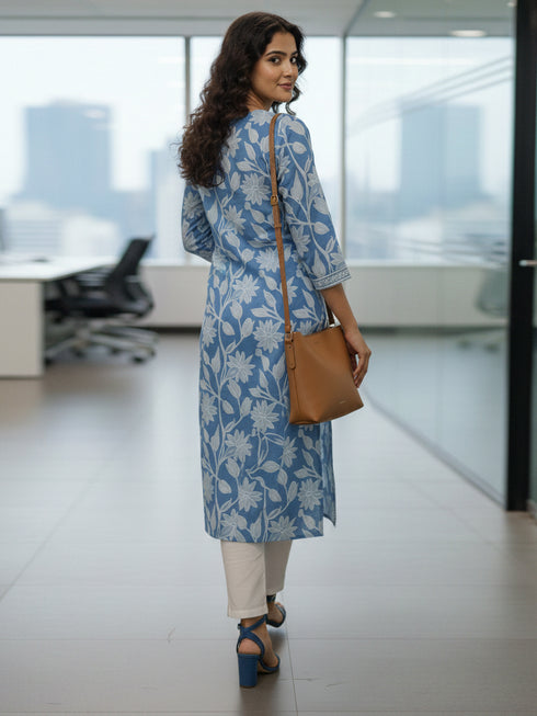 Sky Blue Pure Cotton Floral Printed Kurti