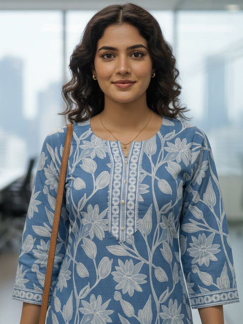 Sky Blue Pure Cotton Floral Printed Kurti
