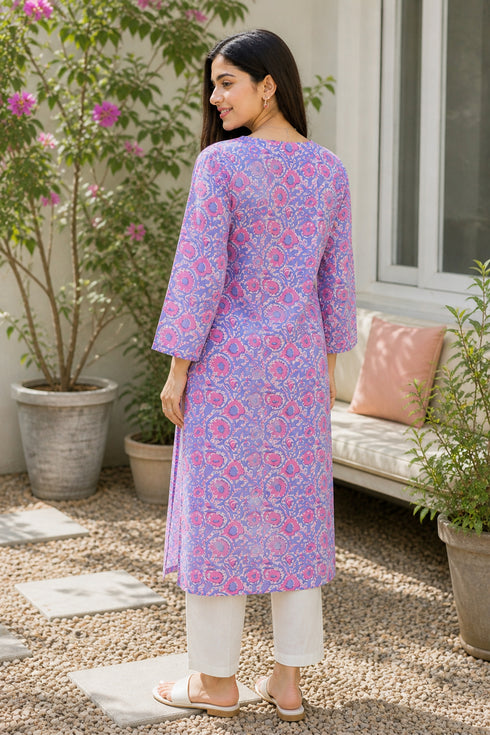 Grey & Pink Pure Cotton Floral Printed Kurti