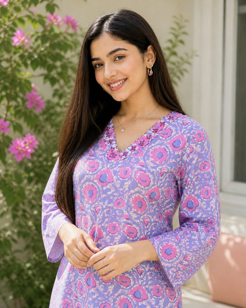 Grey & Pink Pure Cotton Floral Printed Kurti
