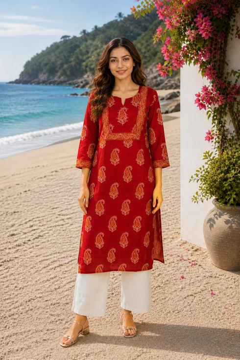 Maroon Pure Cotton Floral Printed Kurti
