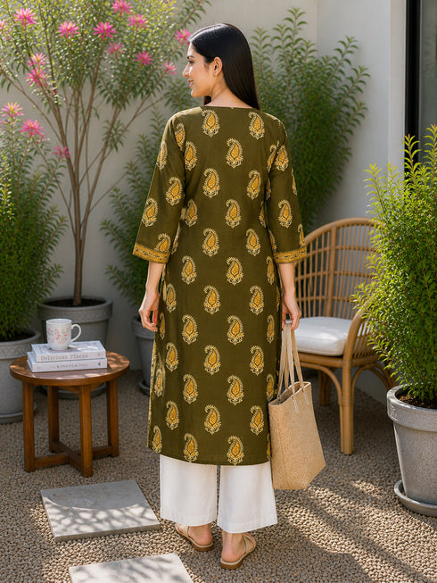 Mahendi Green Pure Cotton Floral Printed Kurti