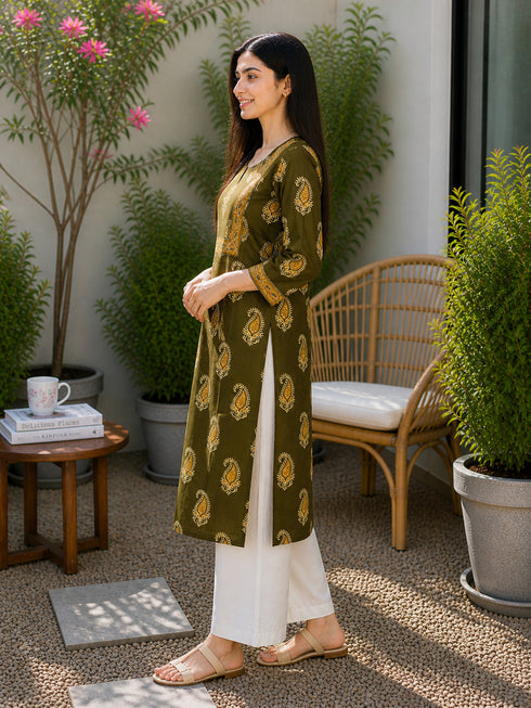 Mahendi Green Pure Cotton Floral Printed Kurti