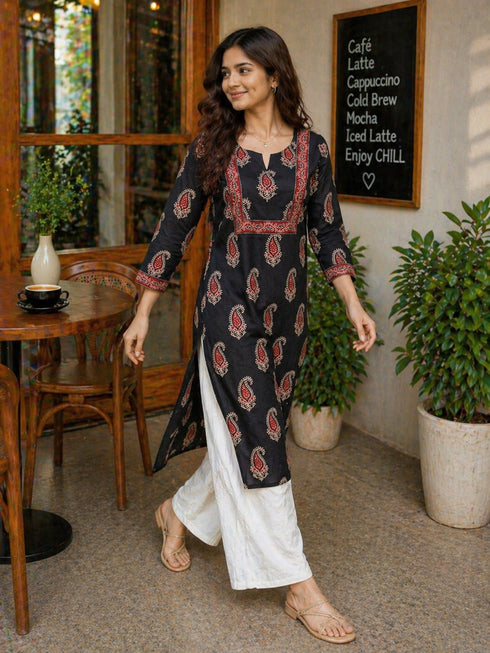 Black Pure Cotton Floral Printed Kurti