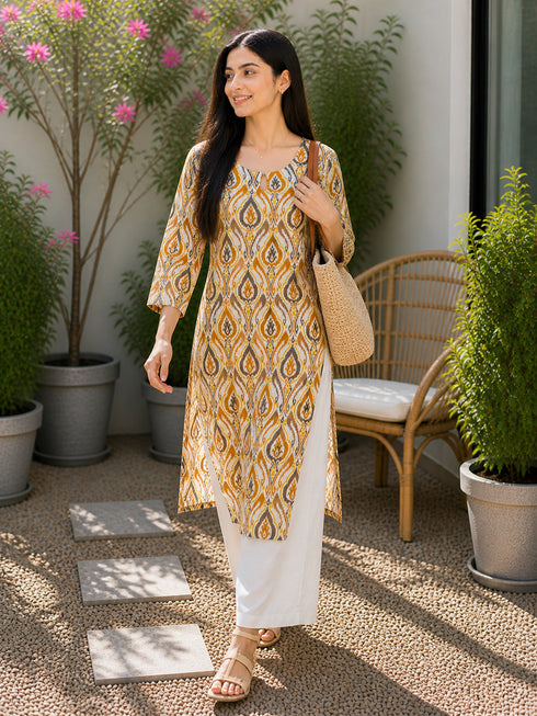 Orange & Beige Pure Cotton Floral Printed Kurti