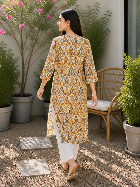 Orange & Beige Pure Cotton Floral Printed Kurti