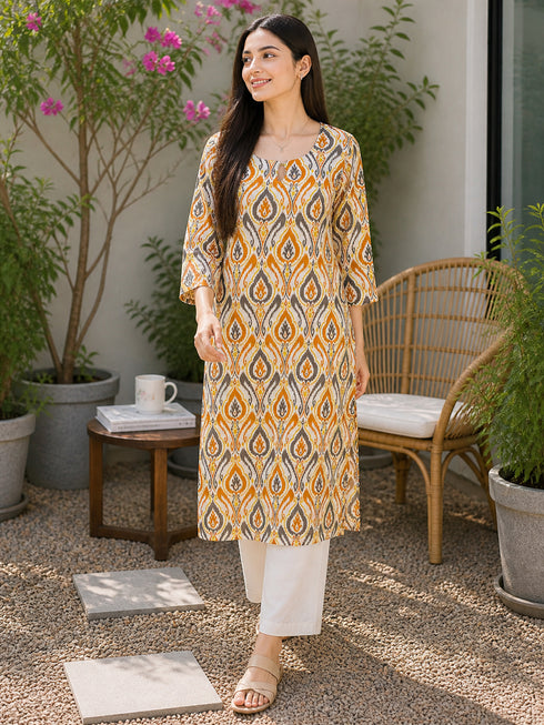 Orange & Beige Pure Cotton Floral Printed Kurti