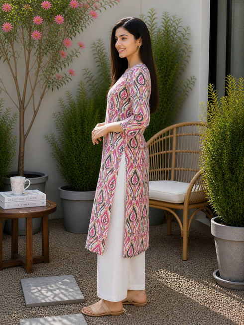 Pink & Beige Pure Cotton Floral Printed Kurti