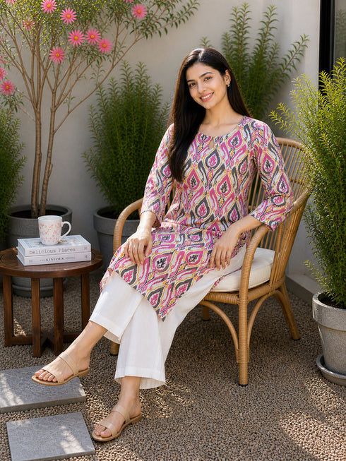Pink & Beige Pure Cotton Floral Printed Kurti