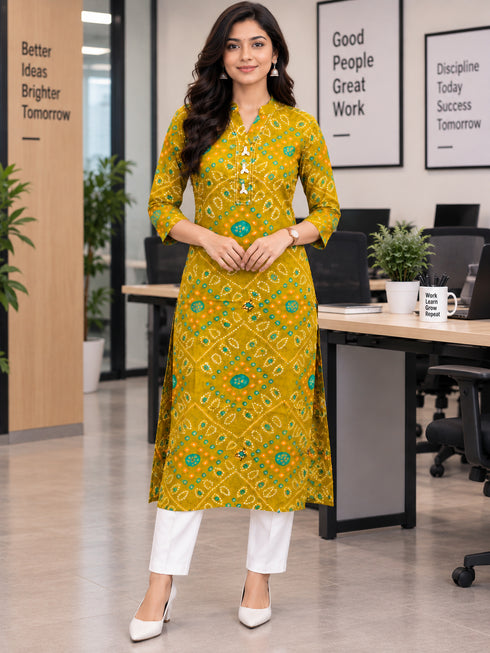 Olive Green Pure Cotton Bandhej Printed Kurti