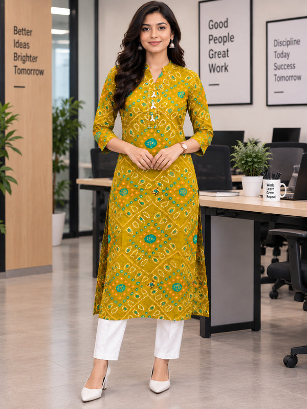 Olive Green Pure Cotton Bandhej Printed Kurti