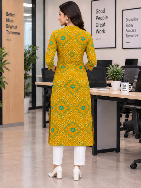 Olive Green Pure Cotton Bandhej Printed Kurti