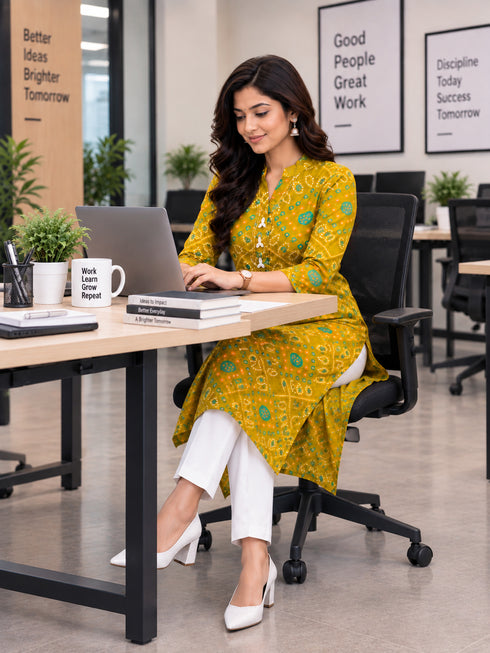 Olive Green Pure Cotton Bandhej Printed Kurti