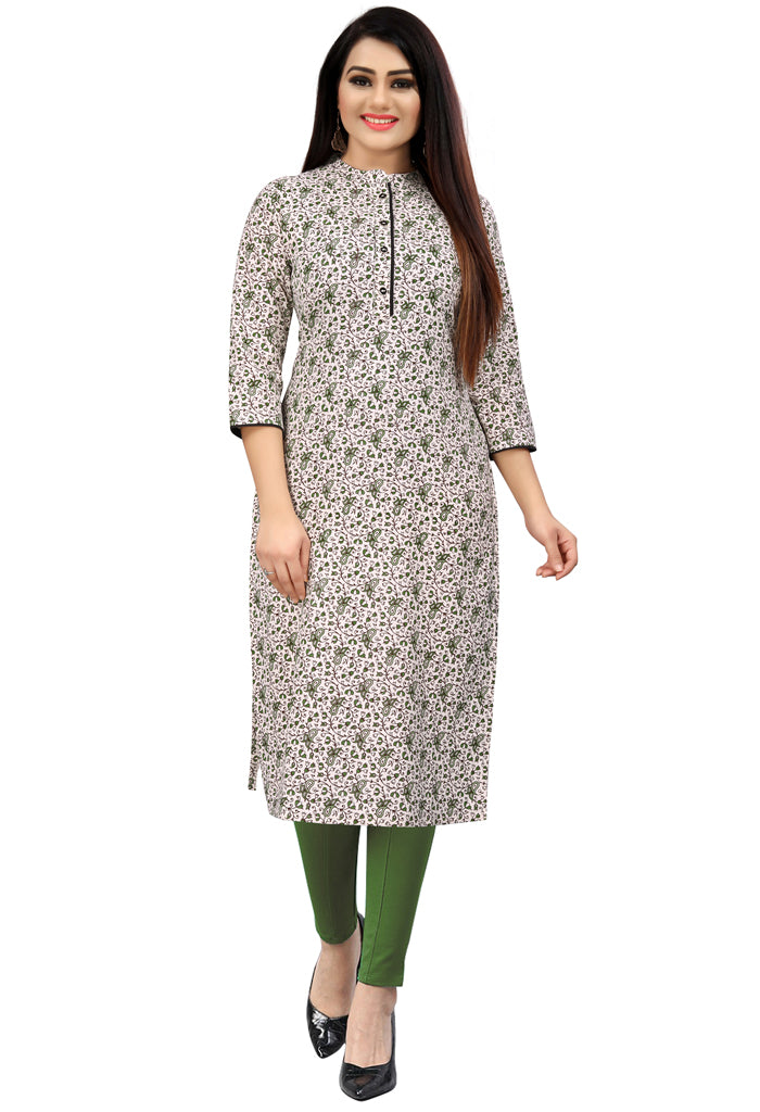 Beige & Green Pure Cambric Cotton Kurti