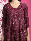 Wine Pure Cotton Floral Printed Western Dress