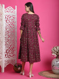 Wine Pure Cotton Floral Printed Western Dress