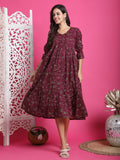 Wine Pure Cotton Floral Printed Western Dress