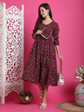 Wine Pure Cotton Floral Printed Western Dress