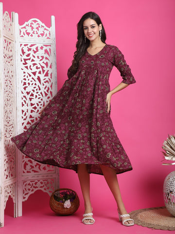 Wine Pure Cotton Floral Printed Western Dress