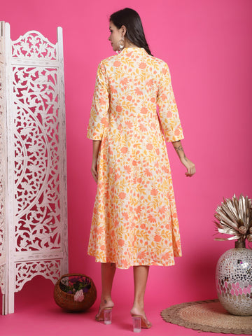 Cream & Orange Pure Cotton Floral Printed Western Dress