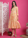 Cream & Orange Pure Cotton Floral Printed Western Dress