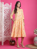 Cream & Orange Pure Cotton Floral Printed Western Dress