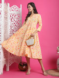 Cream & Orange Pure Cotton Floral Printed Western Dress