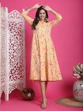 Cream & Orange Pure Cotton Floral Printed Western Dress