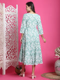 Sea Green & White Pure Cotton Floral Printed Western Dress