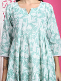 Sea Green & White Pure Cotton Floral Printed Western Dress