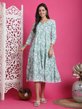 Sea Green & White Pure Cotton Floral Printed Western Dress