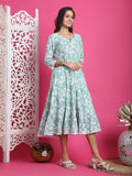 Sea Green & White Pure Cotton Floral Printed Western Dress