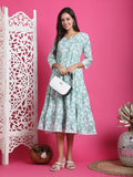 Sea Green & White Pure Cotton Floral Printed Western Dress