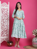 Sea Green & White Pure Cotton Floral Printed Western Dress