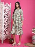 Beige & Grey Pure Cotton Floral Printed Western Dress