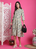 Beige & Grey Pure Cotton Floral Printed Western Dress