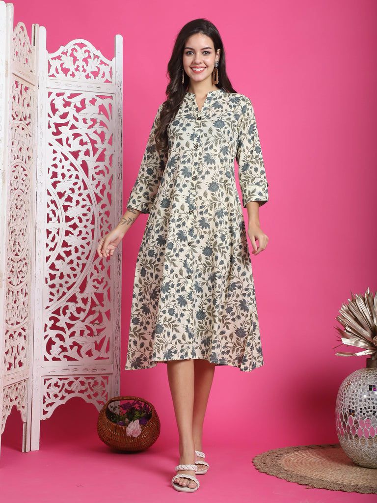 Beige & Grey Pure Cotton Floral Printed Western Dress