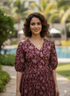 Wine & White Pure Cotton Foil Printed Western Dress