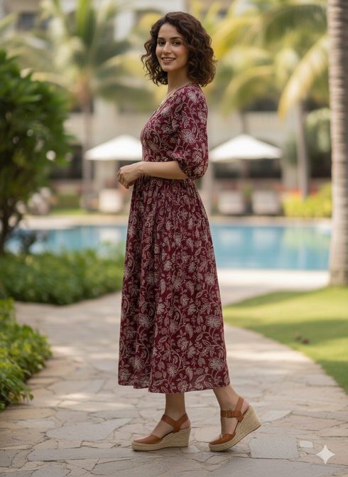 Wine & White Pure Cotton Foil Printed Western Dress
