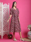 Wine & White Pure Cotton Foil Printed Western Dress