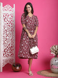 Wine & White Pure Cotton Foil Printed Western Dress