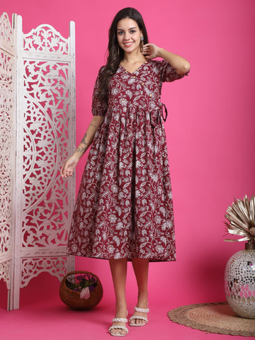 Wine & White Pure Cotton Foil Printed Western Dress