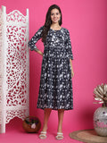 Black & White Pure Cotton Floral Printed Western Dress