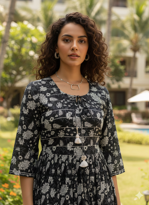 Black & White Pure Cotton Floral Printed Western Dress
