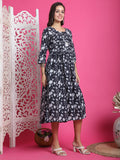 Black & White Pure Cotton Floral Printed Western Dress